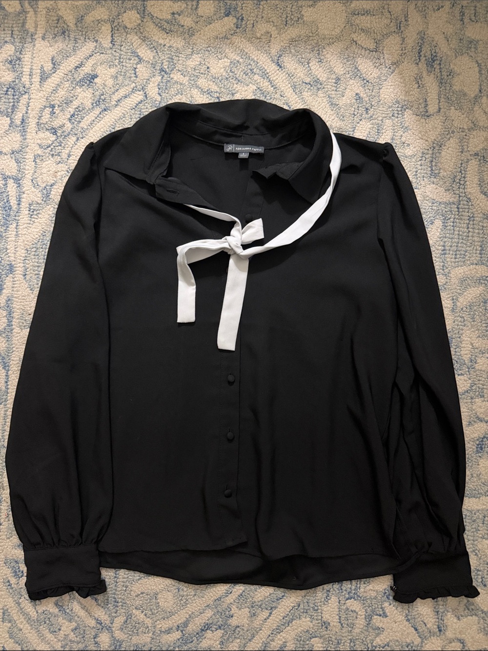 Adrianna Papell Black Button-Down Blouse with White Neck Tie